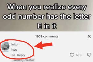 Meme: Text stating "every odd number has the letter E" with a reply showing "two" circled, highlighting the mistake
