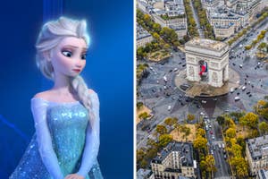 Elsa from Frozen in a sparkling blue dress; aerial view of Arc de Triomphe with roads radiating outwards