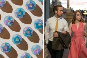 On the left, dice with zodiac symbols on them, and on the right, Ryan Gosling and Emma Stone walking down a street as Sebastian and Mia in La La Land