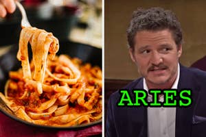 On the left, a fork with pasta on it, and on the right, Pedro Pascal looking off to the side in an SNL sketch with Aries typed under his chin