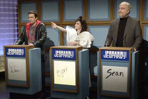 SNL parodying a "Jeopardy!" game show set, impersonating celebrities for a comedy sketch