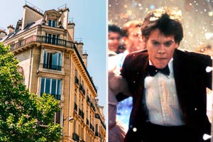 Left: Classic Parisian building with balcony. Right: Young man dancing, from the movie "Footloose."