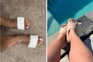 on left: reviewer wearing white braided sandals; on right: reviewer wearing beige slide sandals