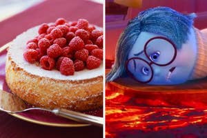 Left: Raspberry-topped cake on a plate. Right: Animated character Sadness from "Inside Out" lying down