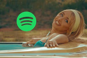 Woman lying back smiling with a Spotify logo overlay, suggesting a music-related theme