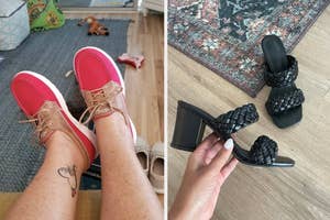 left: reviewer wearing red boat shoes; right: reviewer holding black braided sandal