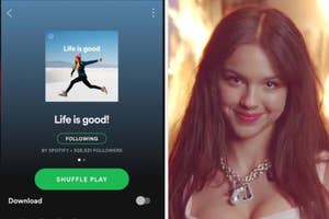 Spotify "Life is good" playlist screenshot; woman smiling in portrait, wearing necklace