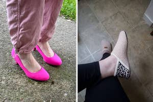 on left: reviewer wearing pink pumps; on right: reviewer wearing leopard-print slipper