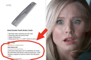 Image of a surprised woman next to a screenshot of a negative product review for a metal comb