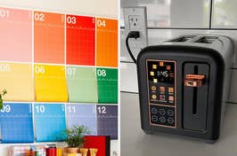 A split image; left side shows a wall-mounted colorful monthly planner, and the right side features a modern black toaster with digital controls