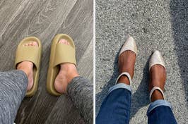 on left: reviewer wearing olive slide sandals, on right: reviewer wearing sparkly pointy toe flats