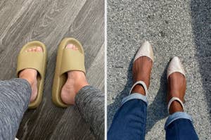 on left: reviewer wearing olive slide sandals, on right: reviewer wearing sparkly pointy toe flats