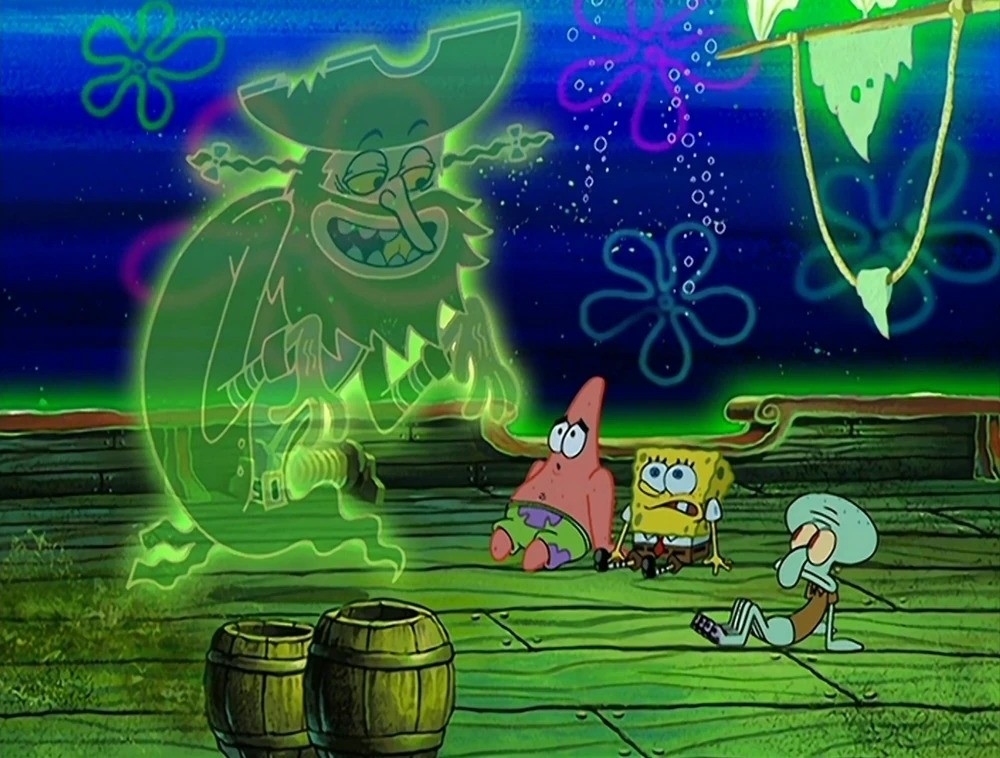 Patrick, SpongeBob, and Squidward staring at the Flying Dutchman's ghostly figure in "SpongeBob SquarePants"