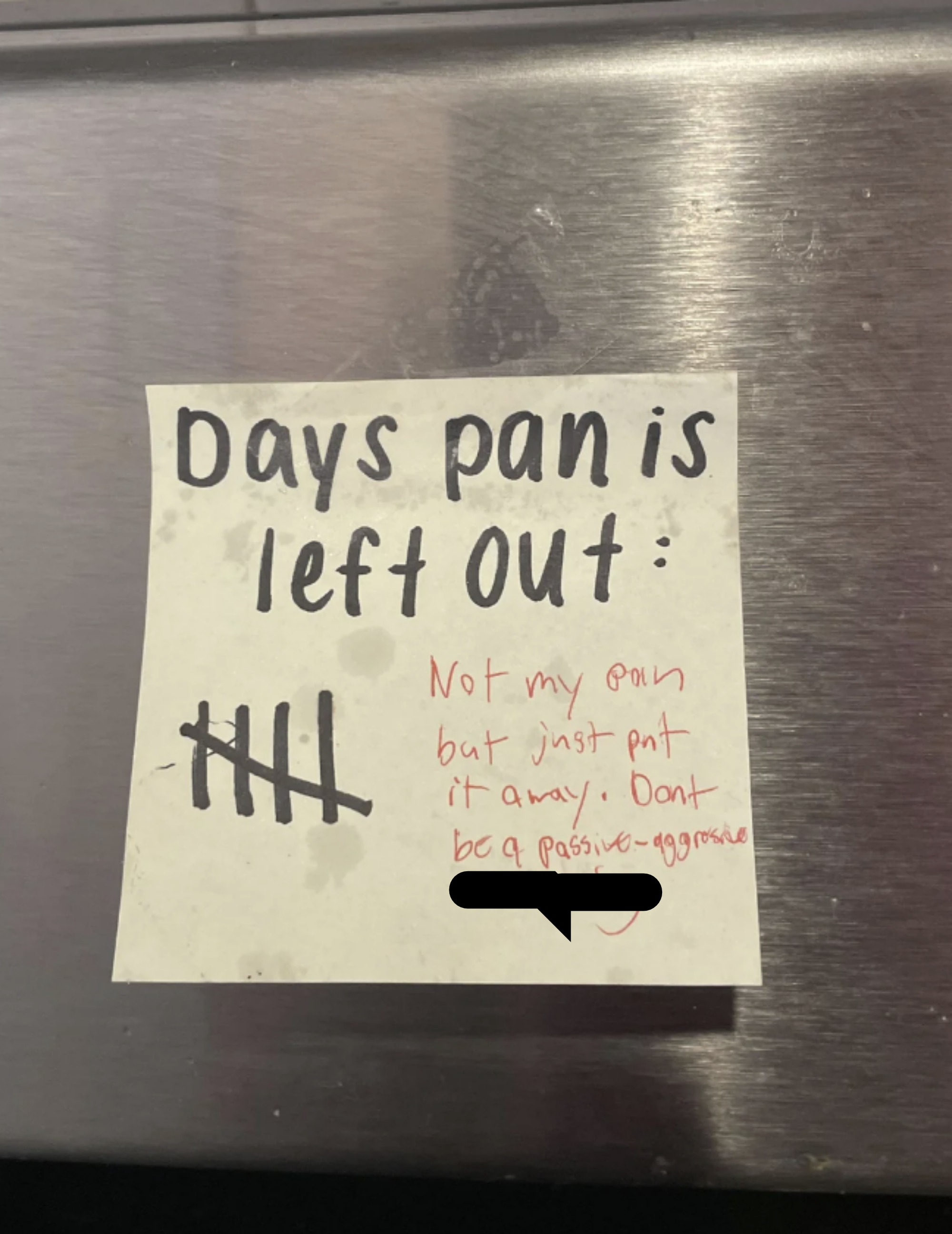Note with tallies counting days a pan is left out, asking not to be passive-aggressive and wash it