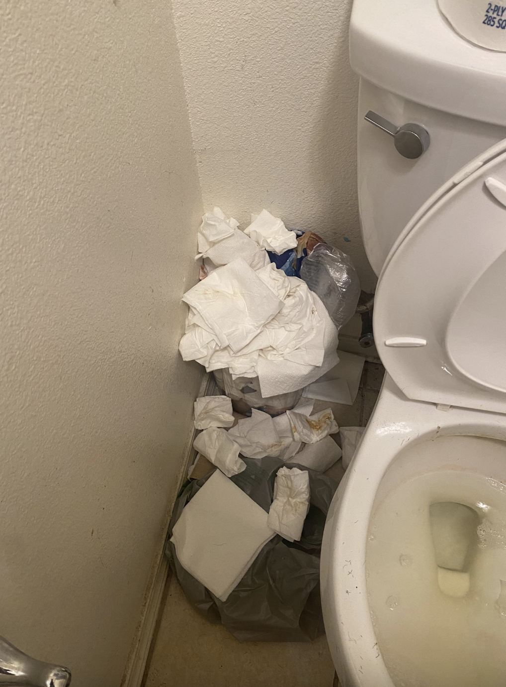 Overflowing trash can beside a toilet in a cluttered bathroom