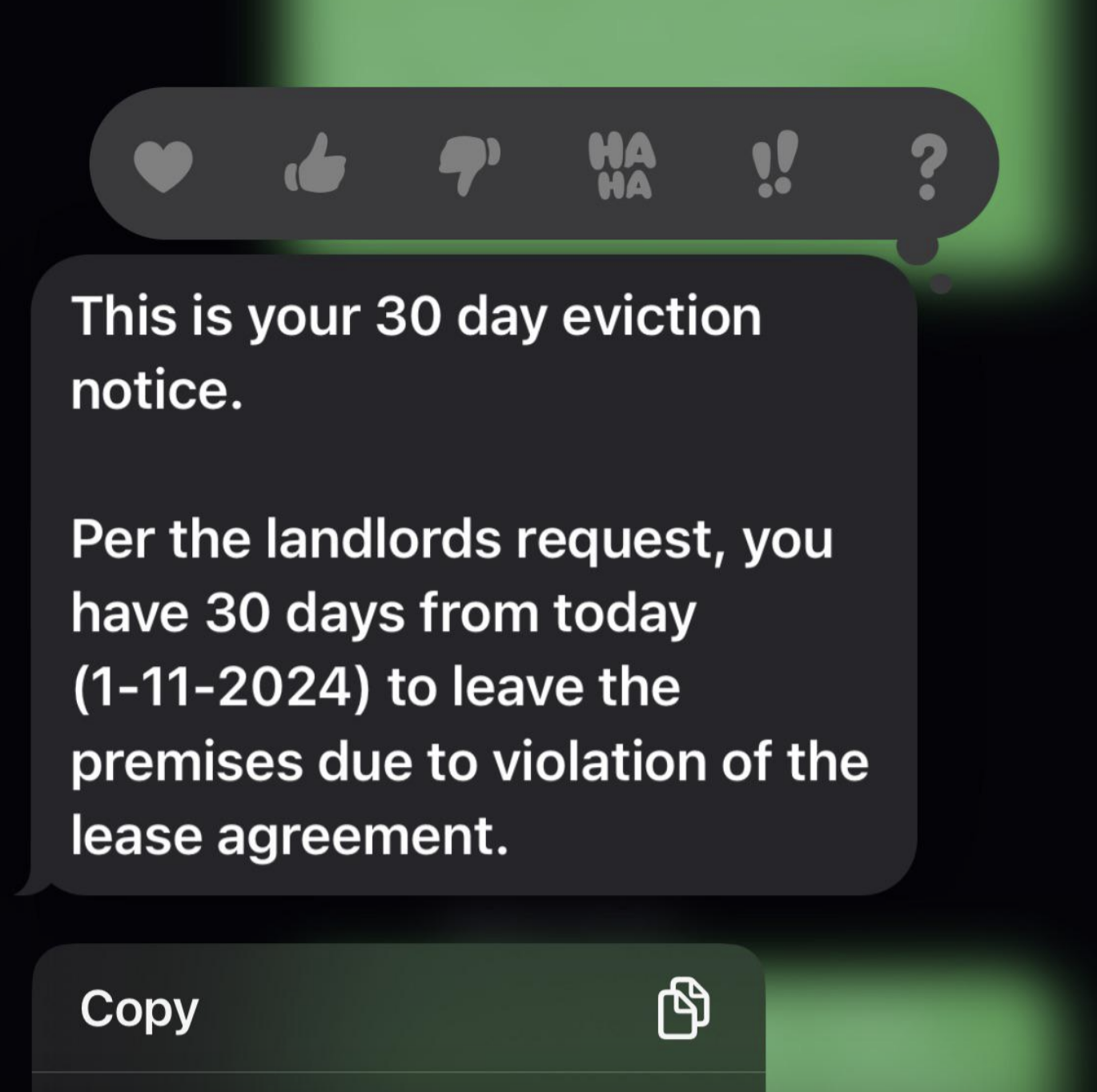 Eviction notice text message with a deadline of January 30, 2024, for leaving premises due to lease agreement violation