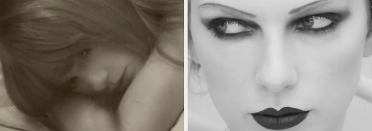 Split image: left side shows Taylor Swift lying down, right side shows her with dark lipstick and dramatic makeup