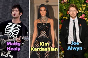 Matty Healy tocando la guitarra con una camiseta de esqueleto, Kim Kardashian con un vestido de círculos y Joe Alwyn en traje formal