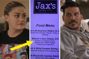 Brittany Cartwright and Jax Taylor from "Vanderpump Rules" sit across from each other, with a food menu in the center