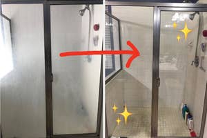 Before and after of a shower, now clean with sparkling effects indicating cleanliness