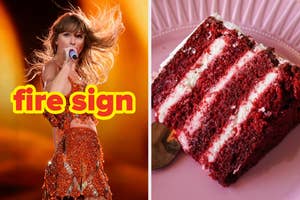 On the left, Taylor Swift performing on stage labeled fire sign, and on the right, a slice of red velvet cake