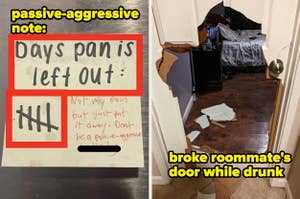 Left: Note with tally marks complaining about dishes. Right: Broken door with clothes seen through hole