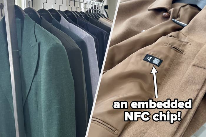 Suit jackets on hangers next to a close-up of a suit label reading &quot;an embedded NFC chip!&quot;
