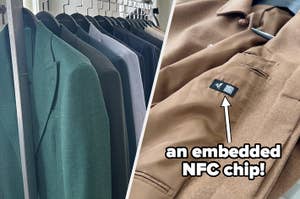 Suits on rack; close-up of suit jacket label stating "an embedded NFC chip!"
