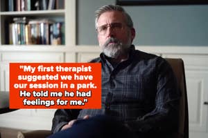 Steve Carrell as a therapist in glasses sitting, with a quote about a therapist's inappropriate conduct