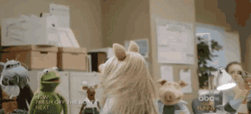 Kermit the Frog and Miss Piggy in an office setting with cardboard boxes and a computer