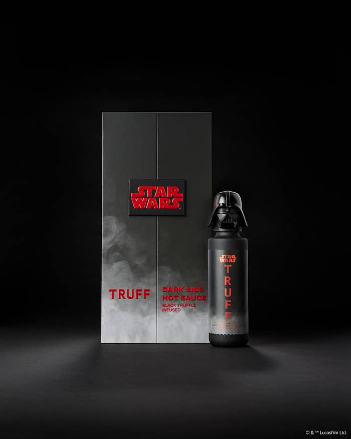 Star Wars themed Truff hot sauce bottle next to its packaging with &quot;Dark Side&quot; text