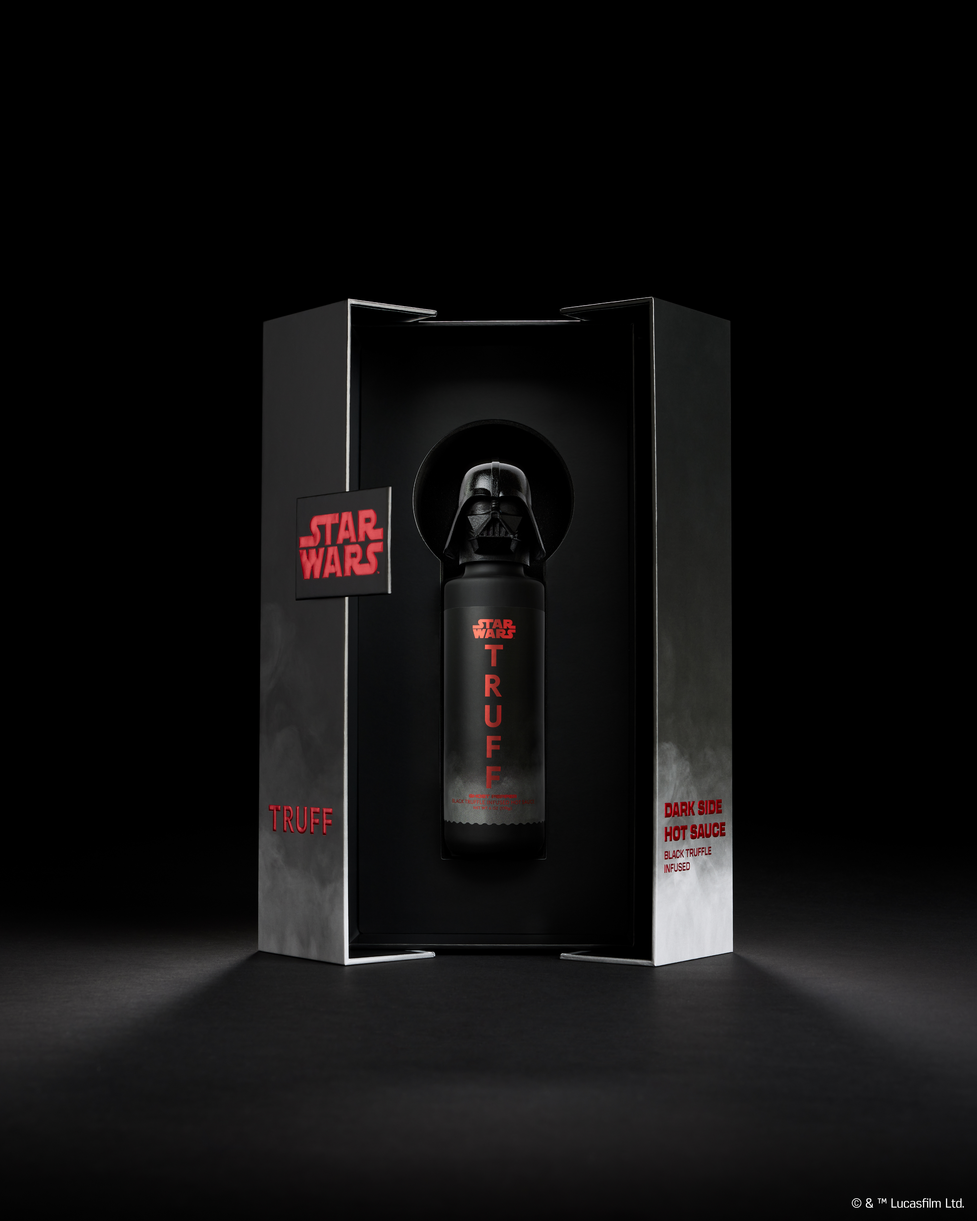Star Wars-themed TRUFF hot sauce bottle with Darth Vader silhouette, packaged in a sleek black box