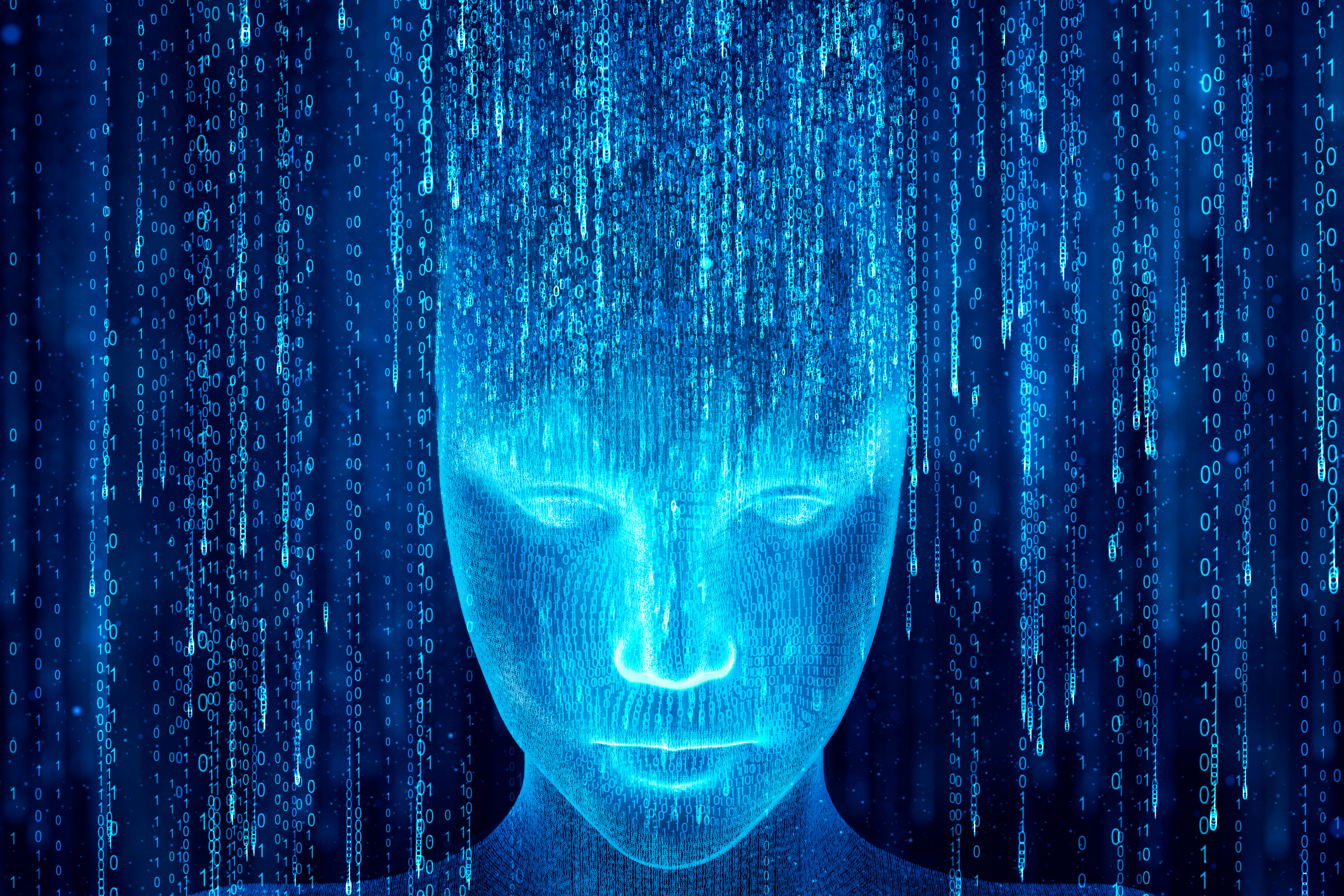Digital graphic of a face with streaming binary code, symbolizing data or AI