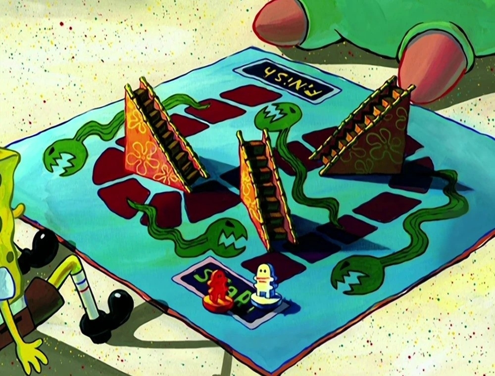 Animated characters SpongeBob and Patrick playing with miniature versions of themselves on a game board