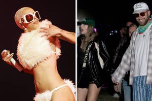 Doja Cat in a feathered outfit vs Taylor Swift and Travis Kelce holding hands at Coachella