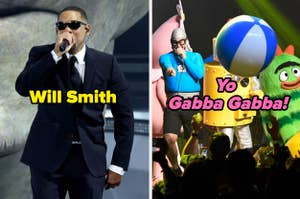 Will Smith in a suit performing on stage. Characters from "Yo Gabba Gabba!" show pictured in a colorful stage setup