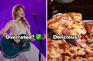 Side-by-side images: left, Taylor Swift performs with a guitar; right, a pizza slice with a "Delicious?" cross-out