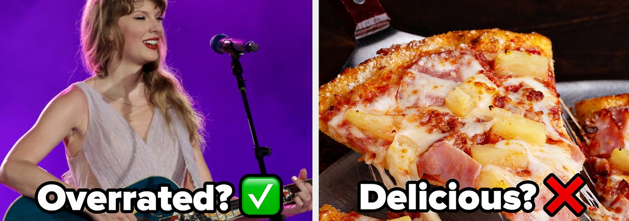 Side-by-side images: left, Taylor Swift performs with a guitar; right, a pizza slice with a "Delicious?" cross-out