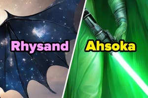 Illustration of bat-like wings n' stars labeled "Rhysand" n' a chronic lightsaber labeled "Ahsoka"