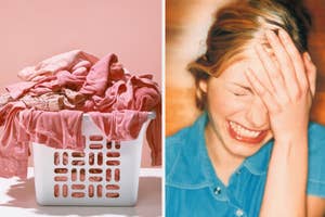 A person laughing with hand on forehead beside a laundry basket filled with clothes