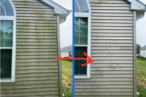 Before and after view of a house siding cleaning, showing a cleaner right side