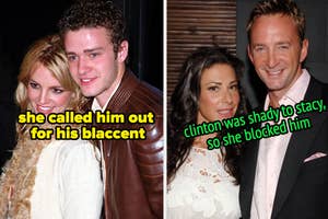 Left: Britney Spears and Justin Timberlake pose together. Right: Stacy Keibler angry at Clinton Kelly. Text overlay on drama details
