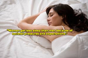 Woman sleeping in bed with quote about sleep disparity between genders due to societal pressures