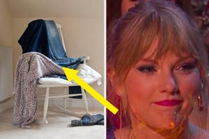 Chair with clothes draped over it; Taylor Swift with an award