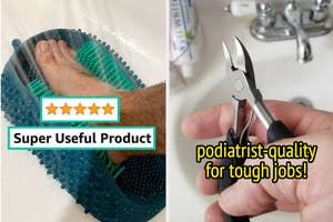 reviewer scrubbing foot in silicone scrubber and reviewer holding stainless steel toenail clippers