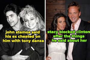 Two side-by-side photos of celebrities embracing different partners, with sensational headlines overlaying each image