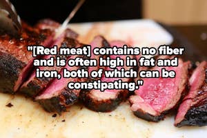 Sliced steak on a board with a quote about red meat's fiber content and its potential effects on digestion