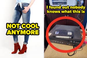 Person wearing jeans and red boots next to text "NOT COOL ANYMORE"; VHS tape with caption about unknown object
