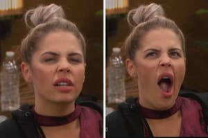 Two side-by-side expressions of a woman with a bun, mouth closed in the first and wide open in the second