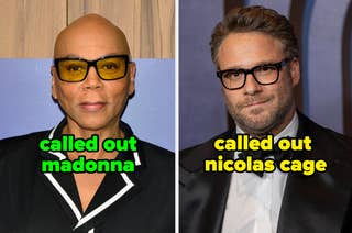Two separate photos: RuPaul in a striped suit, Seth Rogen in a classic suit; both captioned with 